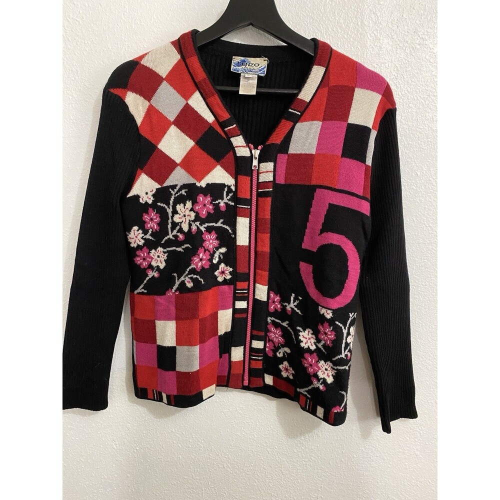 Kenzo Paris Vintage 90s Y2K Zip Front Colorful 5 Cardigan Size L M11